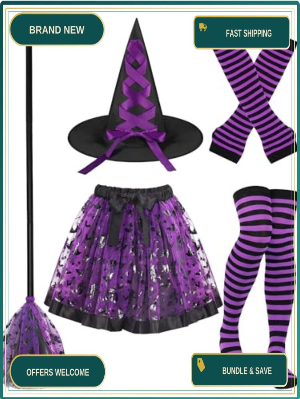 5PC Witch Costume Set Oxford Cloth Hat Tutu Thigh Socks Gloves Broomstick